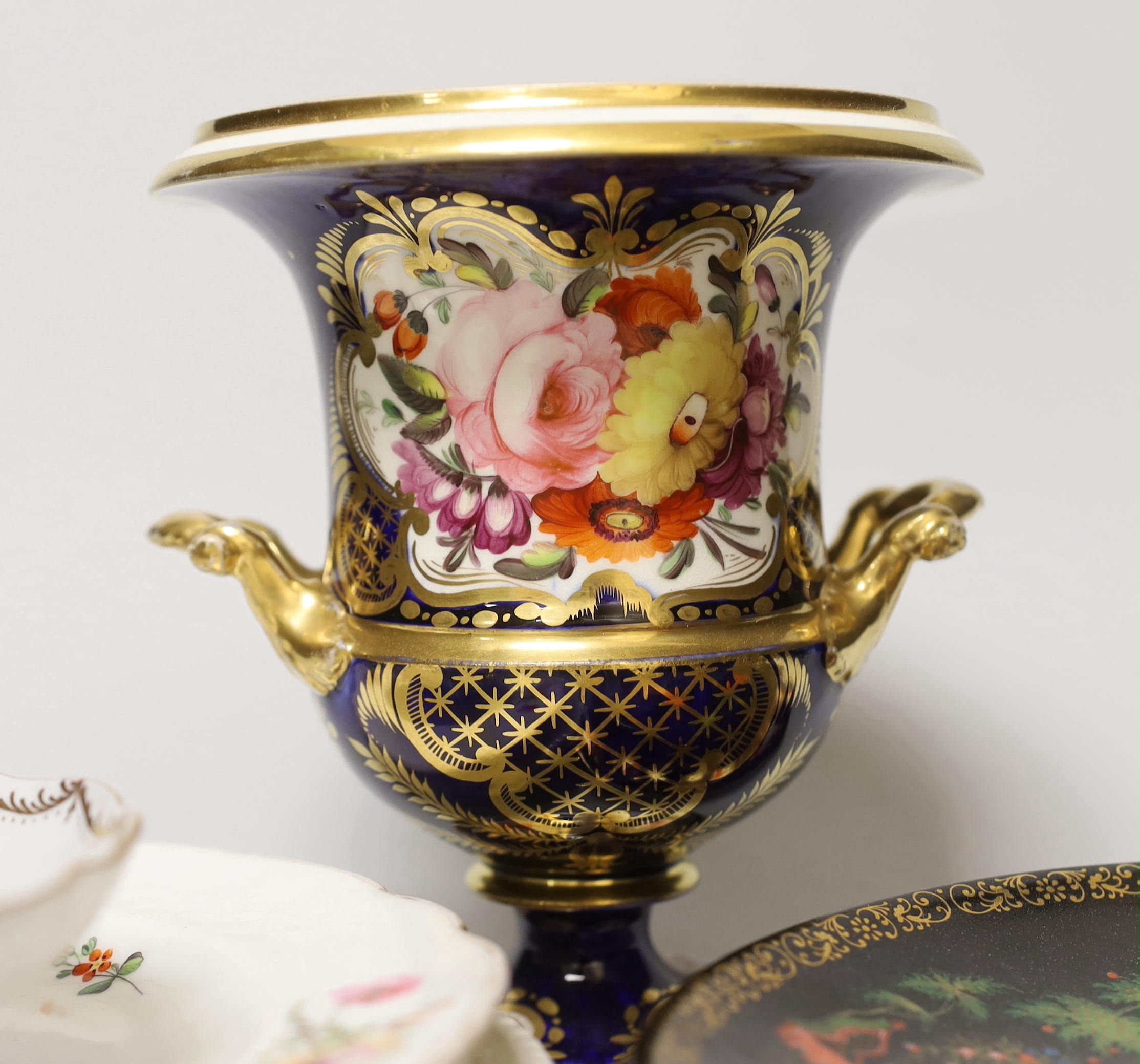 19th century and later Continental china including a Dresden cup and saucer and chocolate cup, a Crown Derby plate etc, tallest 17cm high